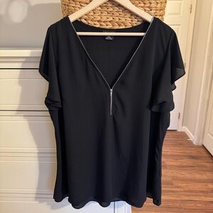 City Chic Black Zip Front Blouse Flutter Sleeve V-Neck Top Size M/18